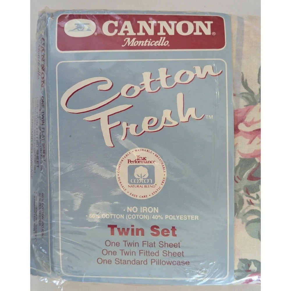 VTG Cannon Monticello Madeline 3 Pc Twin Sheet Set Cottage Floral Blue Stripe